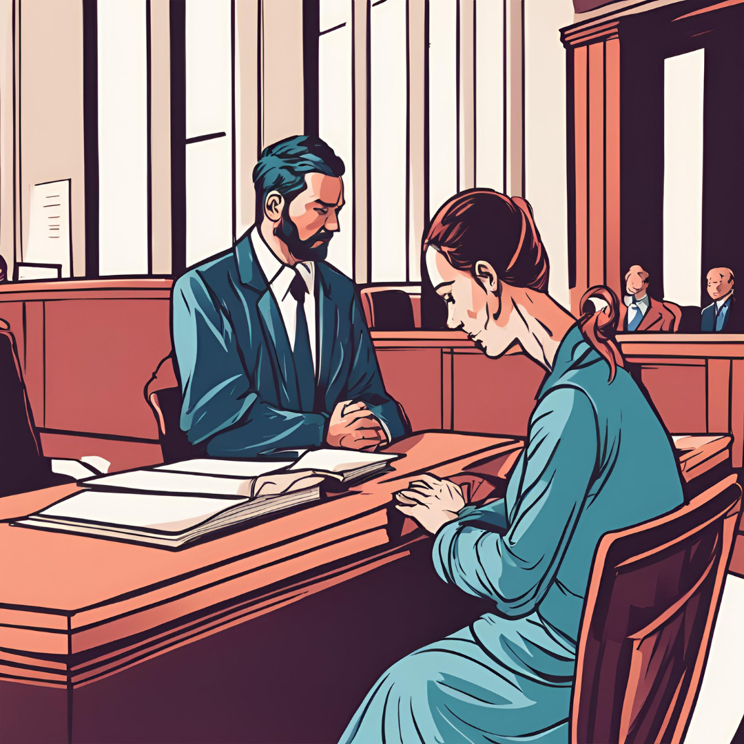 animated picture man and women in court